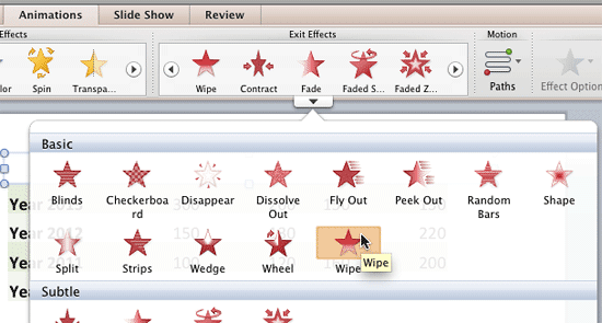 Wipe exit animation within the Exit Effects drop-down gallery Wipe exit animation within the Exit Effects drop-down gallery