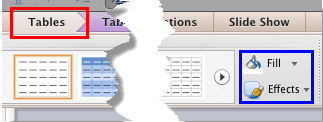 Fill and Effects options within the Tables tab Fill and Effects options within the Tables tab
