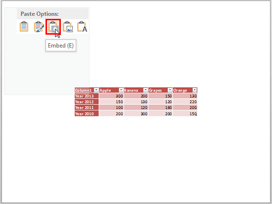Embed (E) option Embed (E) option