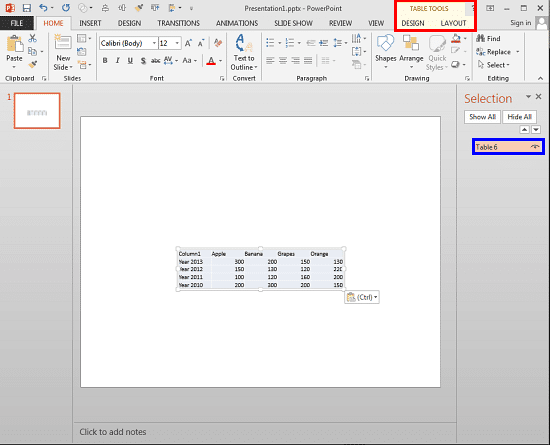 Excel table pasted as a native PowerPoint table
