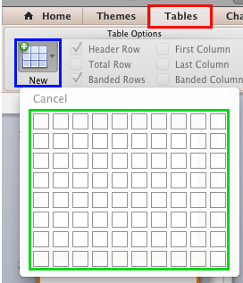 New button within the Tables tab New button within the Tables tab