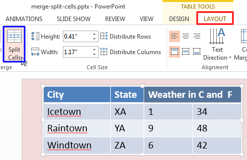 Table cell selected for splitting Table cell selected for splitting