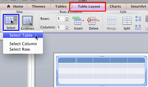 Select Table option within the Table Layout tab