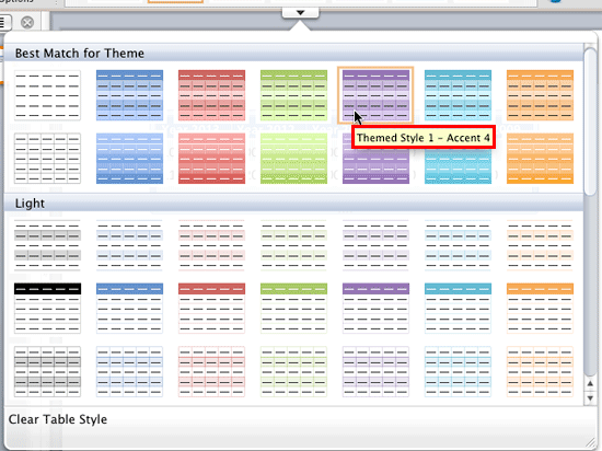 New style selected within the Table Styles drop-down gallery New style selected within the Table Styles drop-down gallery