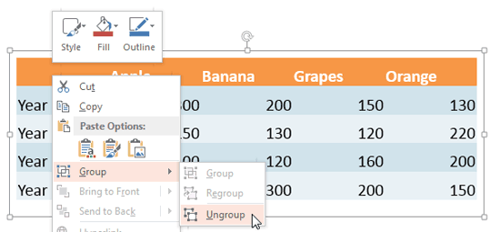 Table graphic being ungrouped second time