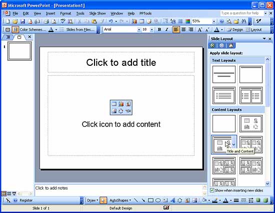Title and Content layout applied to the slide