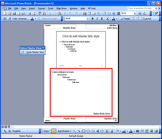Notes Master toolbar in PowerPoint 2003