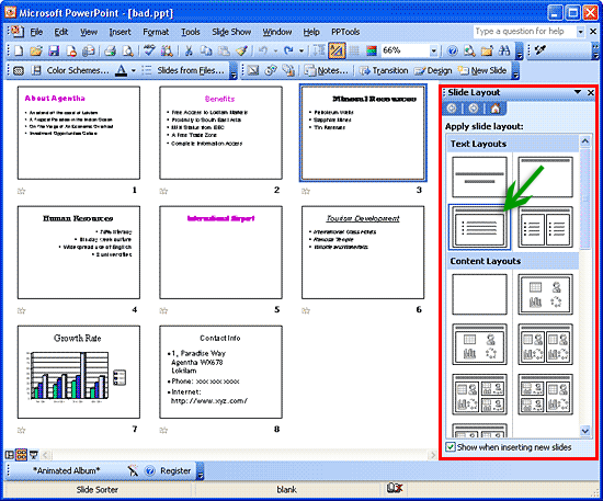 Slide Layout task pane in PowerPoint 2003