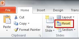 Reset button within the Slides group of Home tab