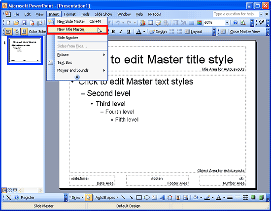 New Title Master menu option within Insert menu of Slide Master view
