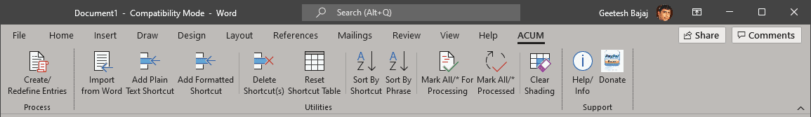 Options within the ACUM tab are enabled Options within the ACUM tab are enabled