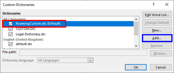 Custom Dictionaries dialog box