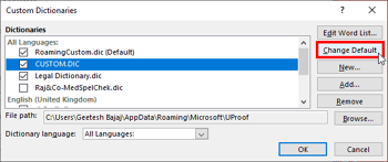 Disable, Enable, and Set the Default Custom Dictionary in PowerPoint 365 for Windows
