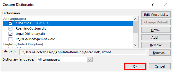 Changed default dictionary in PowerPoint 365