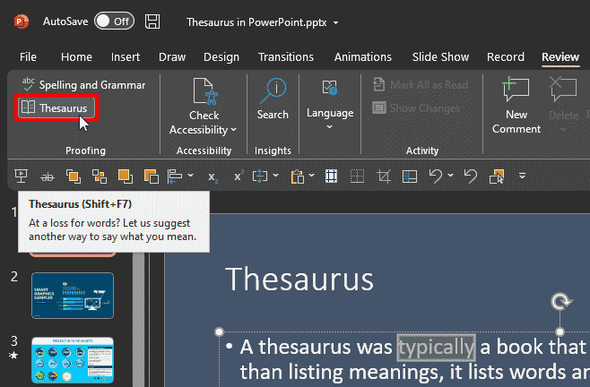 Thesaurus button within the Review tab of the Ribbon Thesaurus button within the Review tab of the Ribbon
