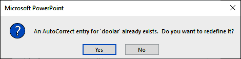 Message window asking confirmation for redefining an existing word pair entry