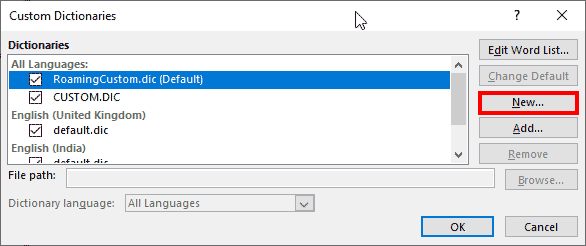 Custom Dictionaries dialog box in PowerPoint 365