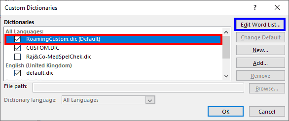 Custom Dictionaries dialog box displaying the list of dictionaries