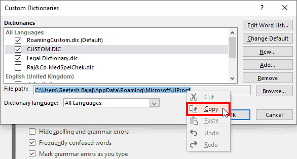 Location of the custom dictionary copied in PowerPoint 365