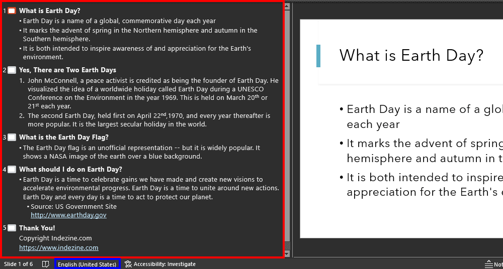 Outline view within PowerPoint 365 interface Outline view within PowerPoint 365 interface