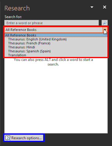 Research Options button in PowerPoint 365 for Windows