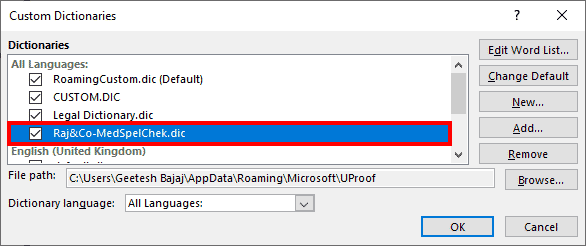 Selected dictionary added
