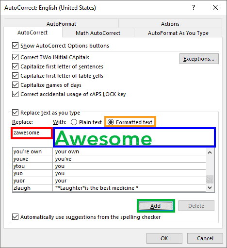 Summon the AutoCorrect dialog box