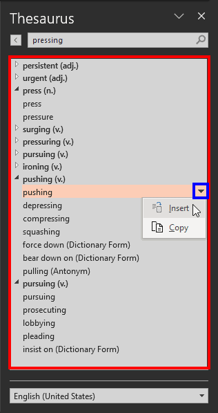 Thesaurus with the list of related words in PowerPoint 365 for Windows Thesaurus with the list of related words in PowerPoint 365 for Windows