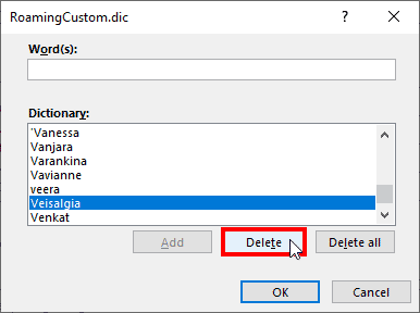 Word selected for deletion in the Dictionary dialog box in PowerPoint 365