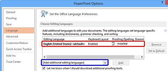 Language options within PowerPoint Options dialog box Language options within PowerPoint Options dialog box