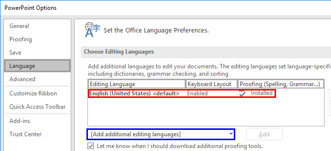 Language options within PowerPoint Options dialog box