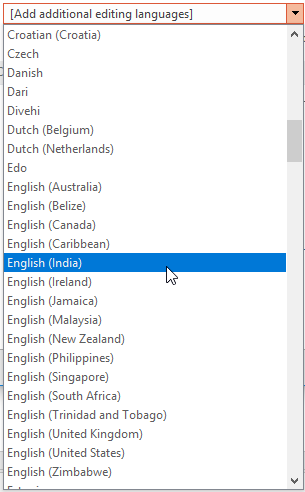 Drop-down list displaying all the editing languages available