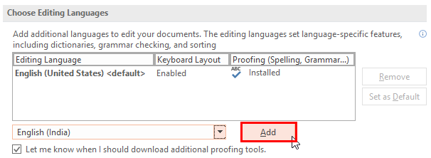Add the selected language to the proofing list