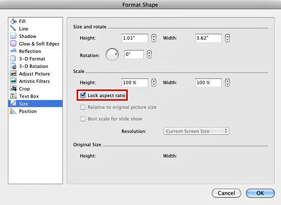Size editing options within Format Shape dialog box Size editing options within Format Shape dialog box