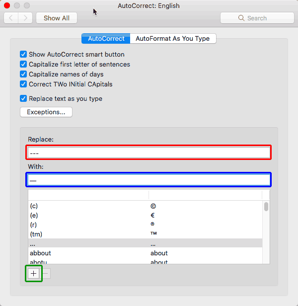 AutoCorrect dialog box AutoCorrect dialog box