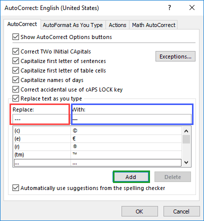 AutoCorrect dialog box