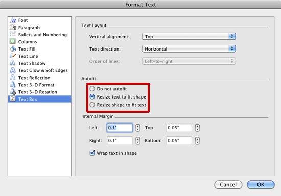 Text Box panel selected within Format Text dialog box Text Box panel selected within Format Text dialog box