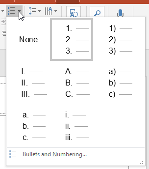 Numbering drop-down gallery Numbering drop-down gallery