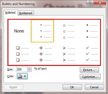 Bullets colors changed within the Bullets and Numbering dialog box