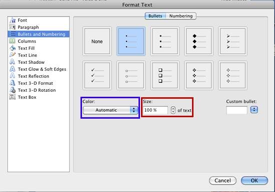 Bullets options within the Format Text dialog box