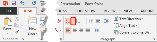 Bullets button in the Home tab Bullets button in the Home tab