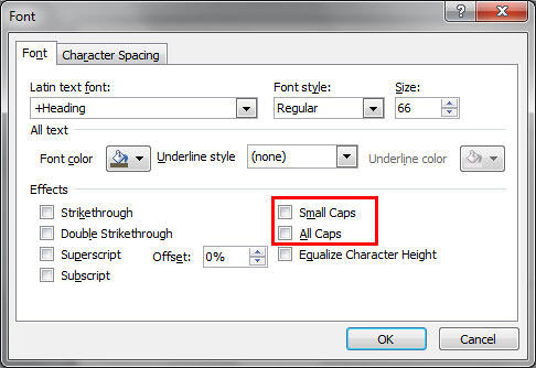 Text Case check-boxes within the Font dialog box Text Case check-boxes within the Font dialog box