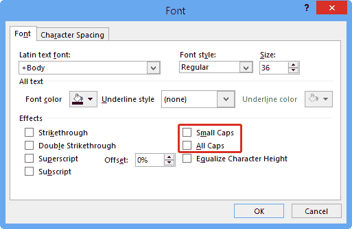 Text Case check-boxes within the Font dialog box