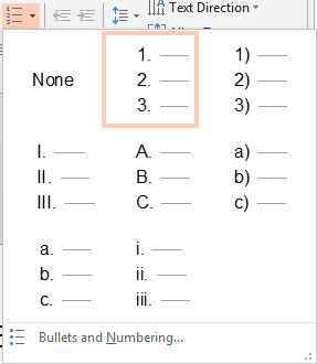 Numbering drop-down gallery