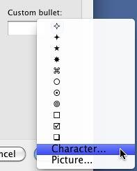 Character option within the Custom bullet list Character option within the Custom bullet list