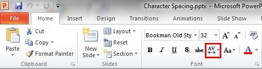 Character Spacing button within the Font group Character Spacing button within the Font group