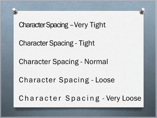 Text applied with various Character Spacing options Text applied with various Character Spacing options