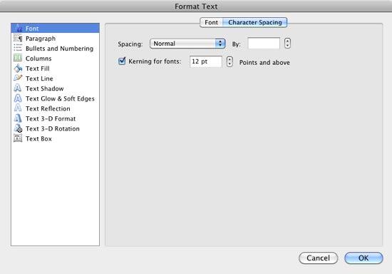 Character Spacing tab within the Format Text dialog box Character Spacing tab within the Format Text dialog box