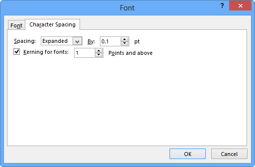 Character Spacing tab within the Font dialog box Character Spacing tab within the Font dialog box