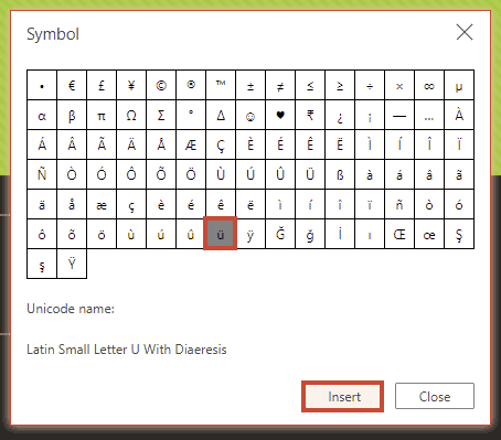 The Symbol dialog box